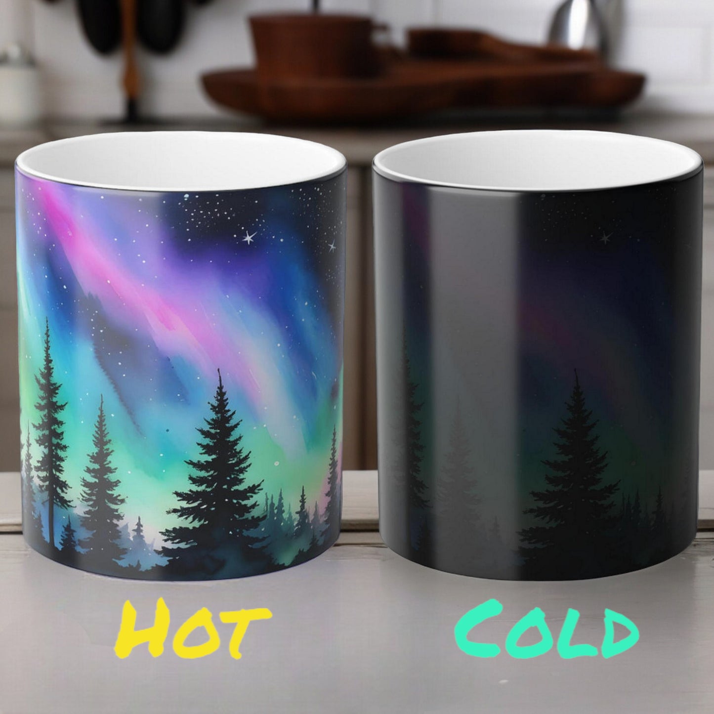 Töfrandi Aurora Borealis hitanæm mál - Northern Lights Magic Color Morphing Mug 11oz - Heat Reactive Night Sky Kaffibolli - Fullkomin gjöf fyrir náttúruunnendur