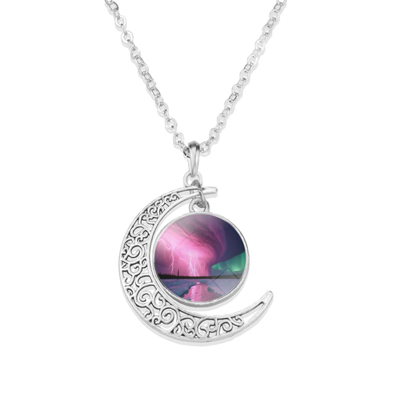 Unique Aurora Borealis Crescent Necklace - Northern Light Jewelry - Crescent Glass Cabochon Pendent Necklace - Perfect Aurora Lovers Gift 26