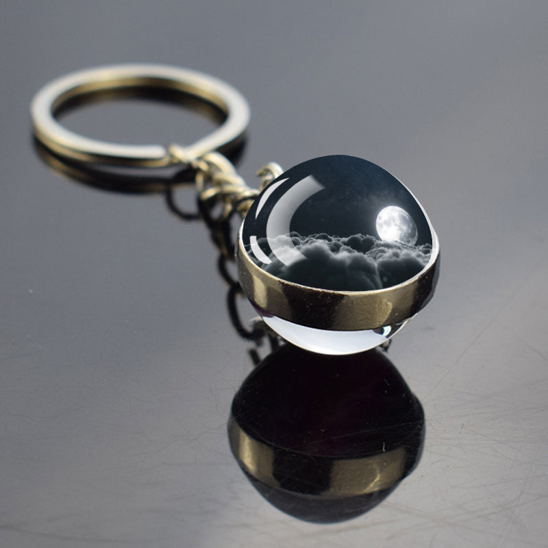 Unique Full Crescent Moon Keyring - Night Starry Sky Jewelry - Double Side Glass Ball Key Chain - Perfect Moon Lovers Gift 11