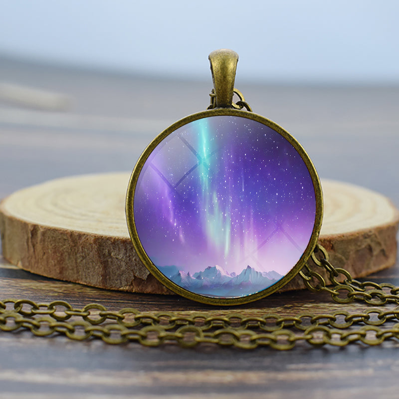 Luminous Aurora Borealis Bronze Necklace - Northern Light Jewelry - Unique Glass Dome Pendent Necklace - Perfect Aurora Lovers Gift