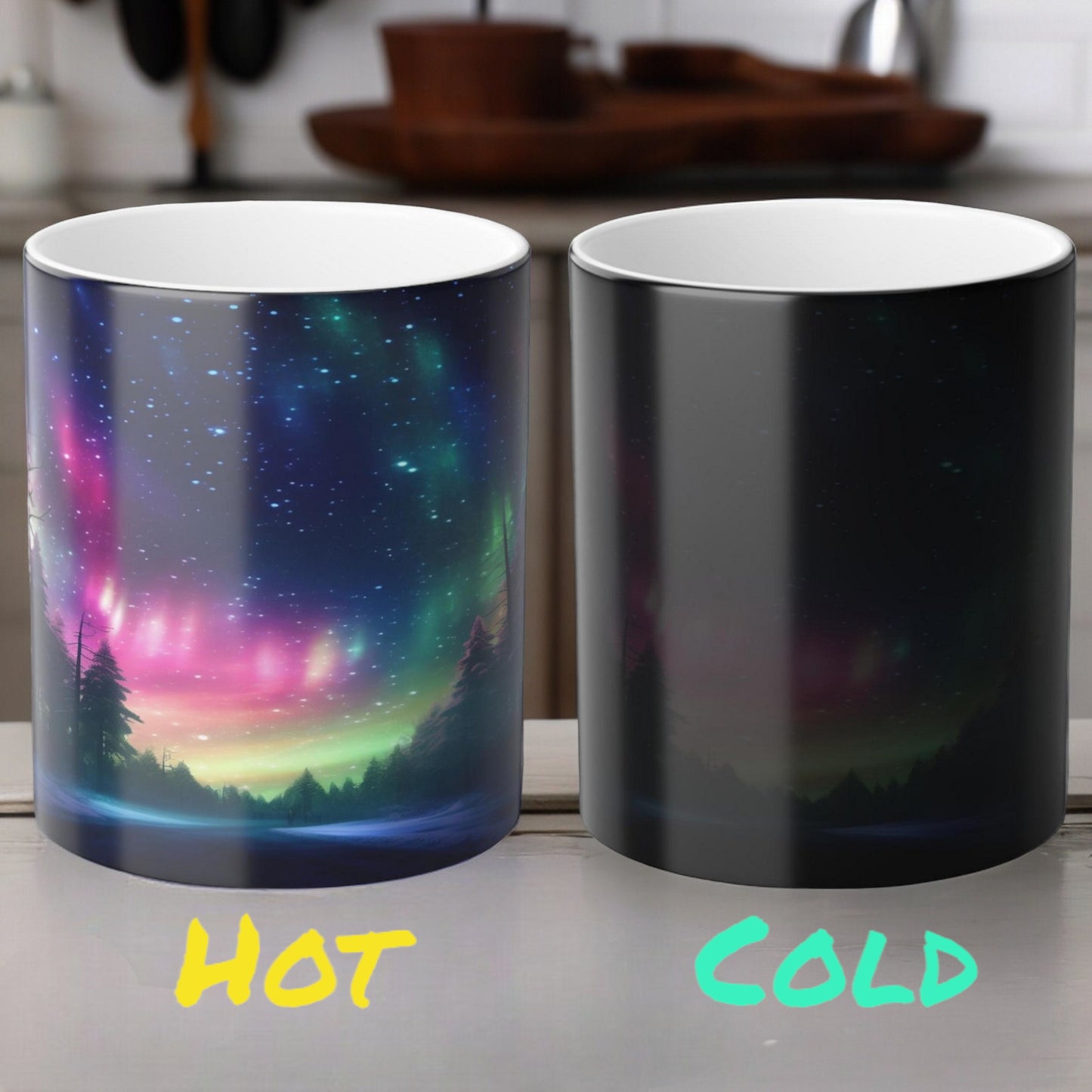 Fortryllende Aurora Borealis varmefølsomt krus - Northern Lights Magic Color Morphing-krus 11 oz - Heat Reactive Night Sky Coffee Cup - Perfekt gave til naturelskere