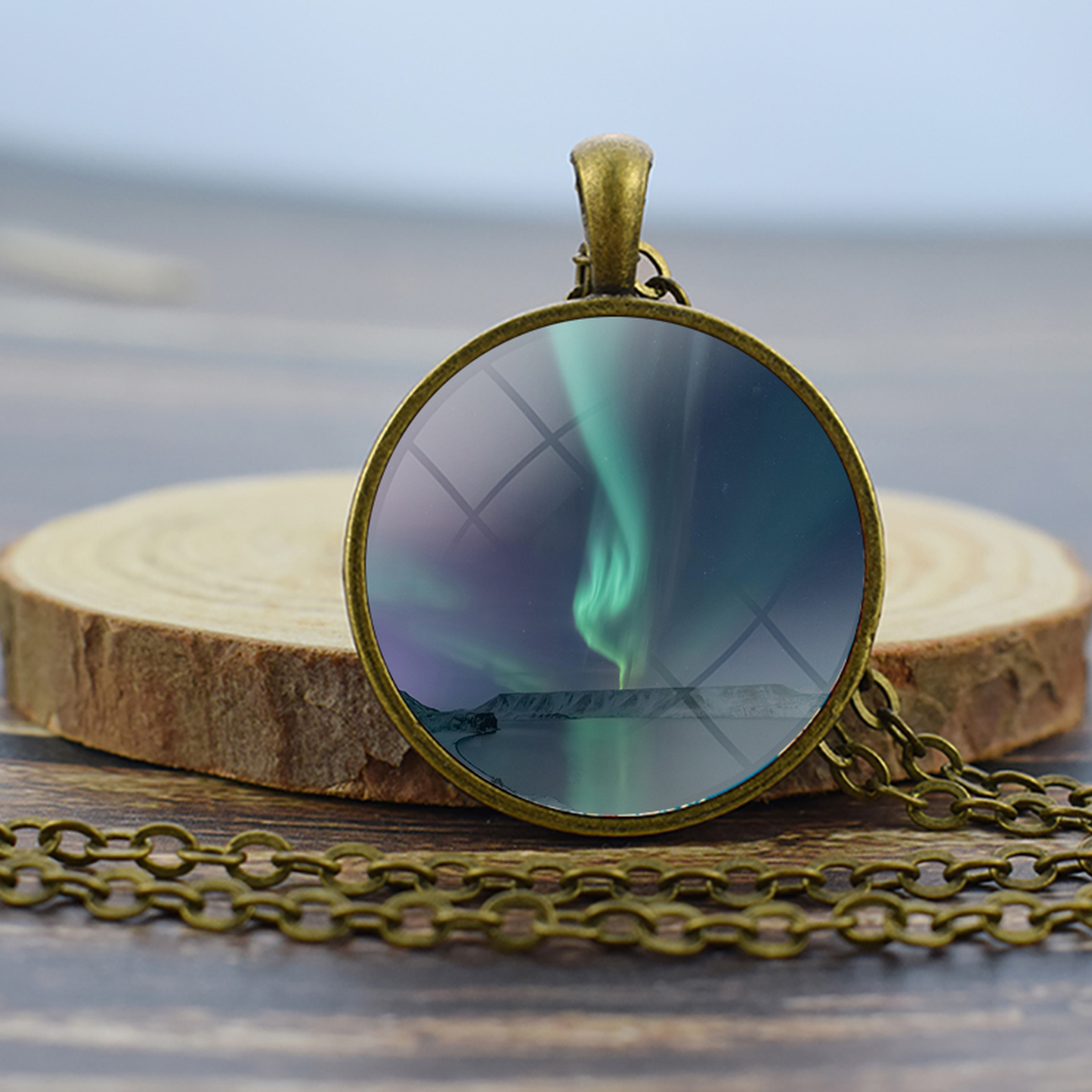 Unique Aurora Borealis Bronze Necklace - Northern Light Jewelry - Glass Dome Pendent Necklace - Perfect Aurora Lovers Gift 1