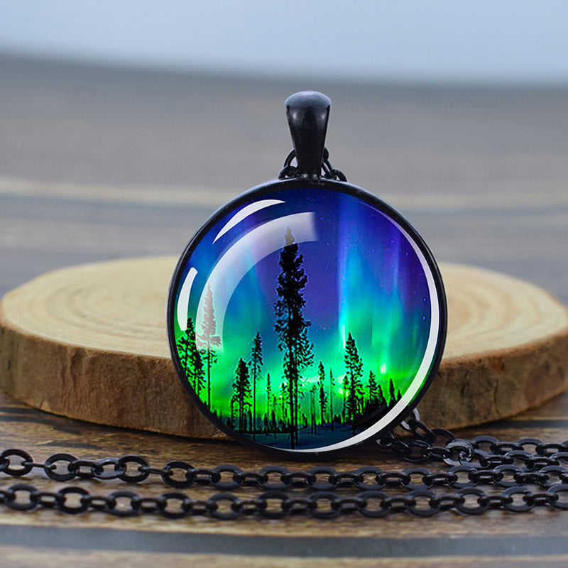 Luminous Aurora Borealis Black Necklace - Northern Light Jewelry - Unique Glass Dome Pendent Necklace - Perfect Aurora Lovers Gift