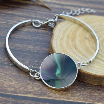 Unique Aurora Borealis Bangle Bracelet - Northern Light Jewelry - Glass Cabochon Silver Plated Bracelet - Perfect Aurora Lovers Gift 1