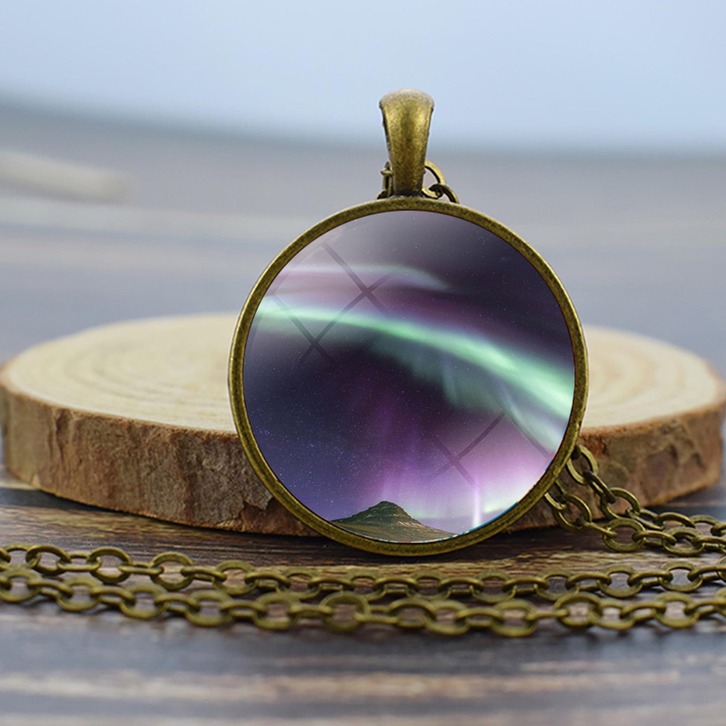 Luminous Aurora Borealis Bronze Necklace - Northern Light Jewelry - Unique Glass Dome Pendent Necklace - Perfect Aurora Lovers Gift