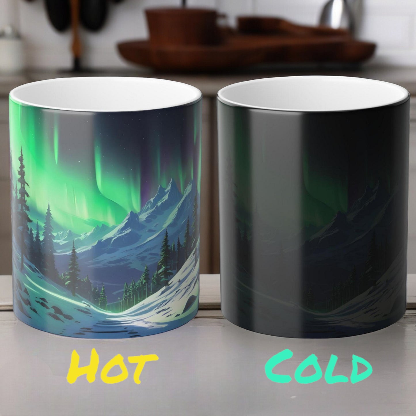 Töfrandi Aurora Borealis hitanæm mál - Northern Lights Magic Color Morphing Mug 11oz - Heat Reactive Night Sky Kaffibolli - Fullkomin gjöf fyrir náttúruunnendur