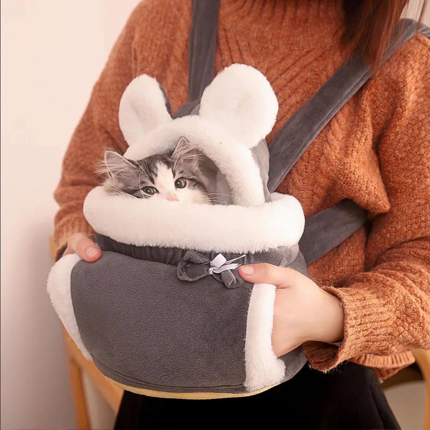Furry Wanderlust Haven - Cozy Winter Pet Carrier Backpack for Small Cats and Dogs - Plush Comfort, Stylish Outdoor Adventures, and Convenient Chest-Hanging Design