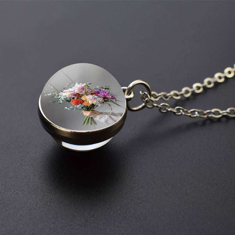 Unique Romantic Flowers Silver Necklace - Beautiful blooming flowers Jewelry - Double Side Glass Ball Pendent Necklace - Perfect Lovers Gift 6