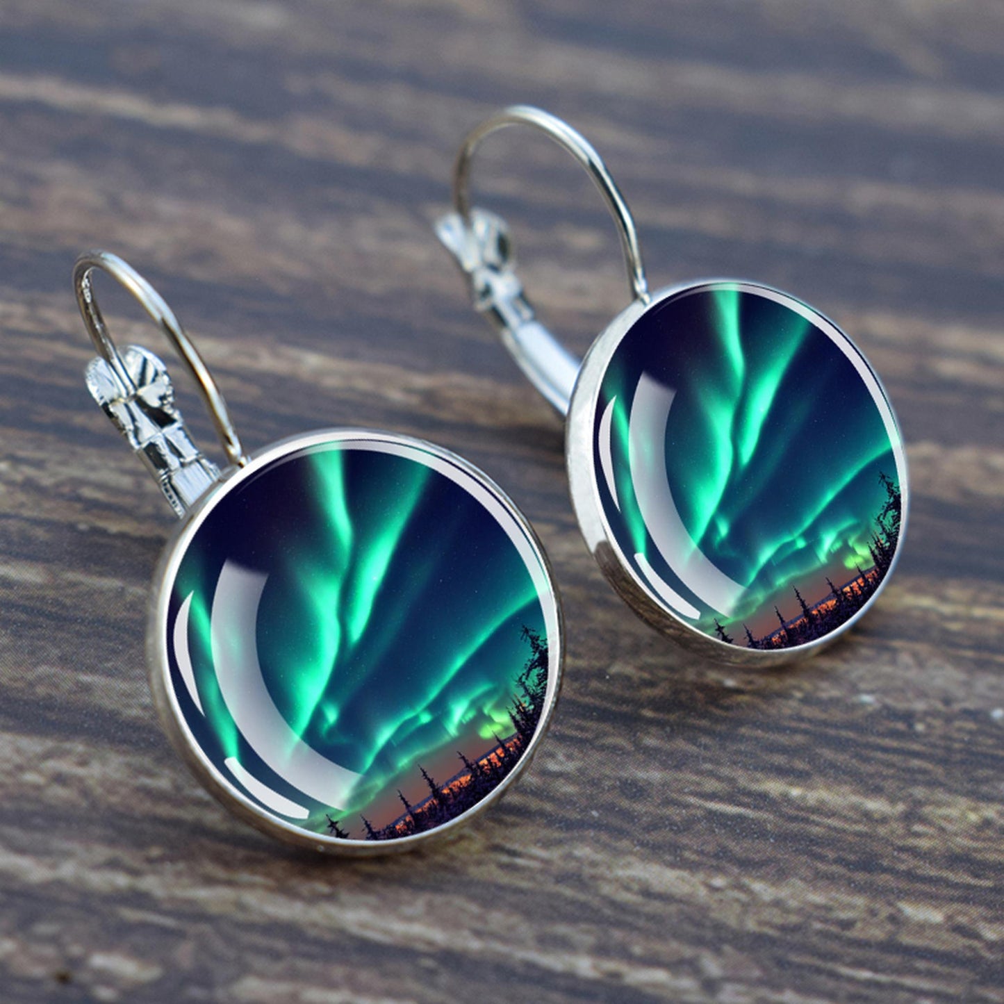 Luminous Aurora Borealis Hook Earrings - Northern Lights Jewelry - Unique Glass Cabochon Drop Earrings - Perfect Aurora Lovers Gift