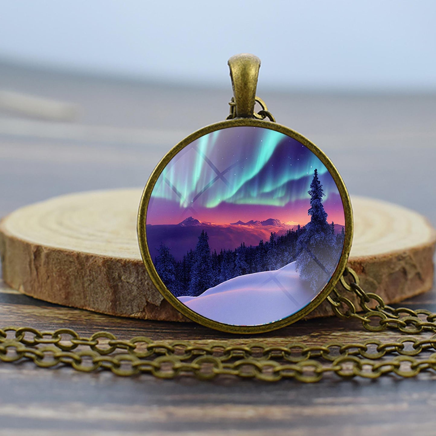 Luminous Aurora Borealis Bronze Necklace - Northern Light Jewelry - Unique Glass Dome Pendent Necklace - Perfect Aurora Lovers Gift