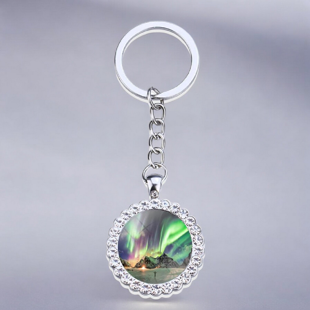 Porte-clés lumineux en argent Aurora Borealis - Bijoux Northern Light - Porte-clés en verre strass - Cadeau parfait pour les amoureux des aurores boréales