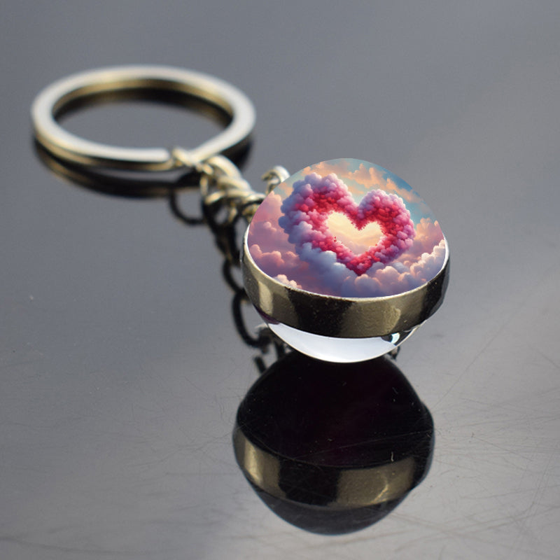 Unique Pink Heart Shape Clouds Keyring - Dreamy Sky Cotton Candy Cloud Jewelry - Double Side Glass Ball Key Chain - Perfect Aurora Lovers Gift 2