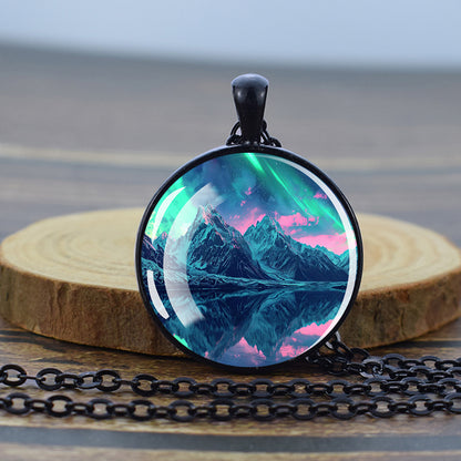 Luminous Aurora Borealis Black Necklace - Northern Light Jewelry - Unique Glass Dome Pendent Necklace - Perfect Aurora Lovers Gift