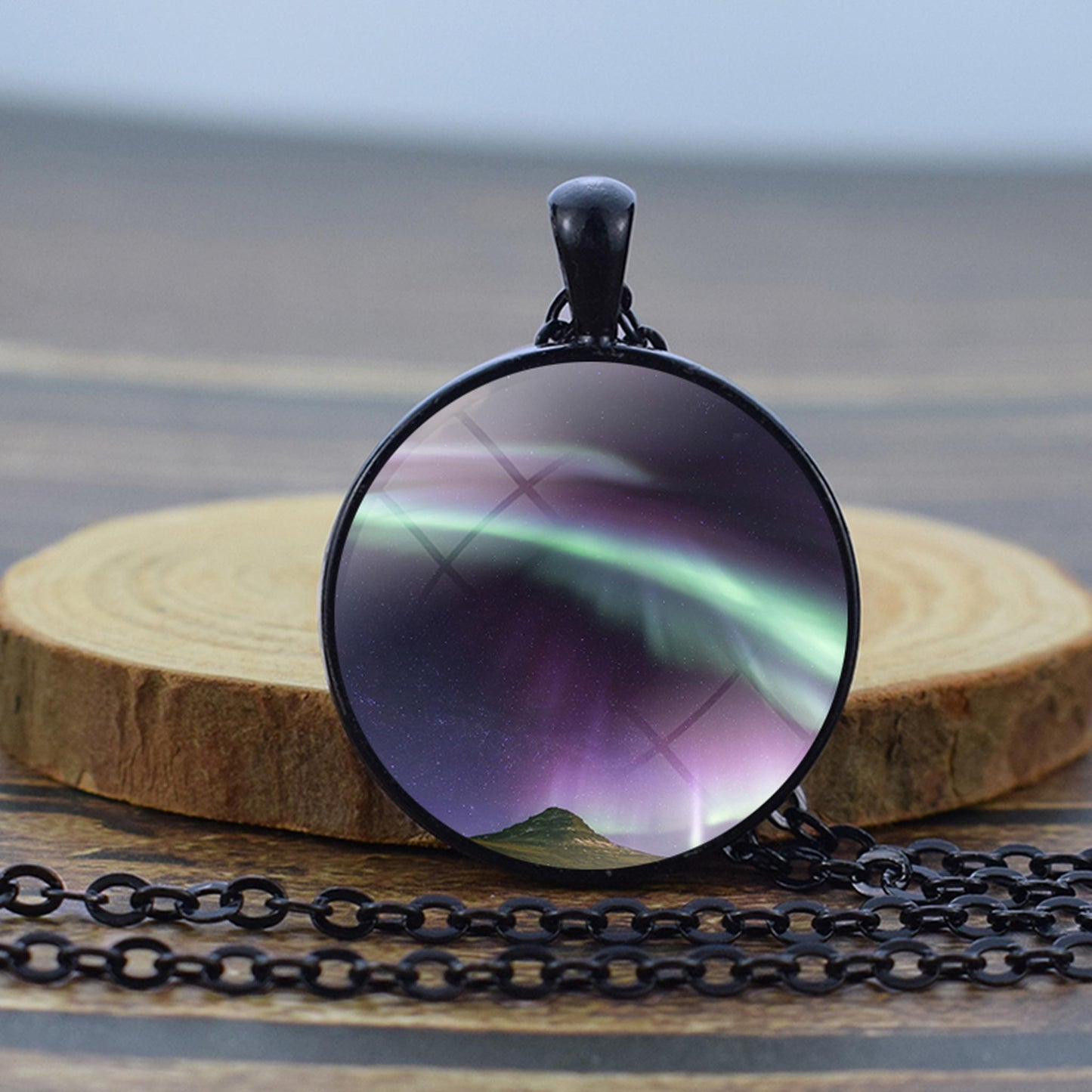 Luminous Aurora Borealis Black Necklace - Northern Light Jewelry - Unique Glass Dome Pendent Necklace - Perfect Aurora Lovers Gift