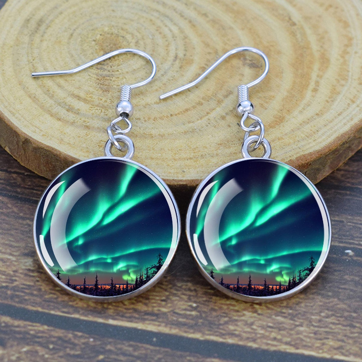 Lýsandi Aurora Borealis dropaeyrnalokkar - Northern Lights Skartgripir - Einstakir Cabochon Dangle eyrnalokkar úr gleri - Fullkomin Aurora Lovers gjöf