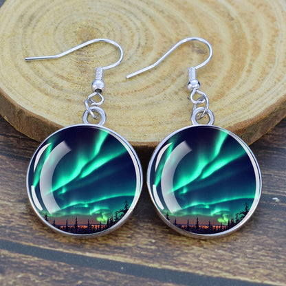 Lýsandi Aurora Borealis dropaeyrnalokkar - Northern Lights Skartgripir - Einstakir Cabochon Dangle eyrnalokkar úr gleri - Fullkomin Aurora Lovers gjöf