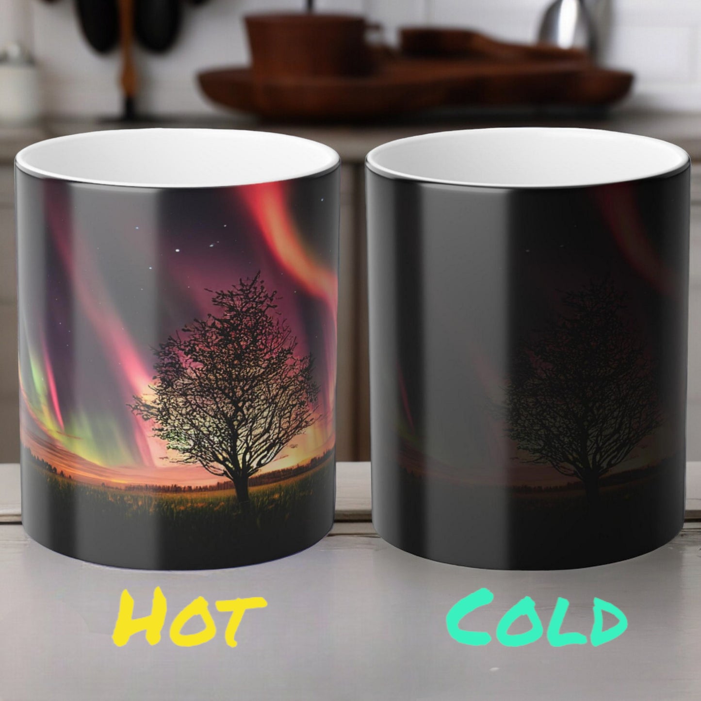 Fortryllende Aurora Borealis varmefølsomt krus - Northern Lights Magic Color Morphing-krus 11 oz - Heat Reactive Night Sky Coffee Cup - Perfekt gave til naturelskere