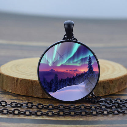 Luminous Aurora Borealis Black Necklace - Northern Light Jewelry - Unique Glass Dome Pendent Necklace - Perfect Aurora Lovers Gift