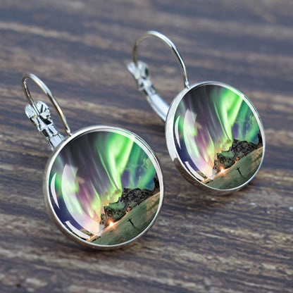 Luminous Aurora Borealis Hook Earrings - Northern Lights Jewelry - Unique Glass Cabochon Drop Earrings - Perfect Aurora Lovers Gift