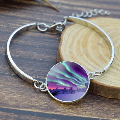 Luminous Aurora Borealis Bangle Bracelet - Northern Light Jewelry - Unique Glass Cabochon Silver Plated Bracelet - Perfect Aurora Lovers Gift