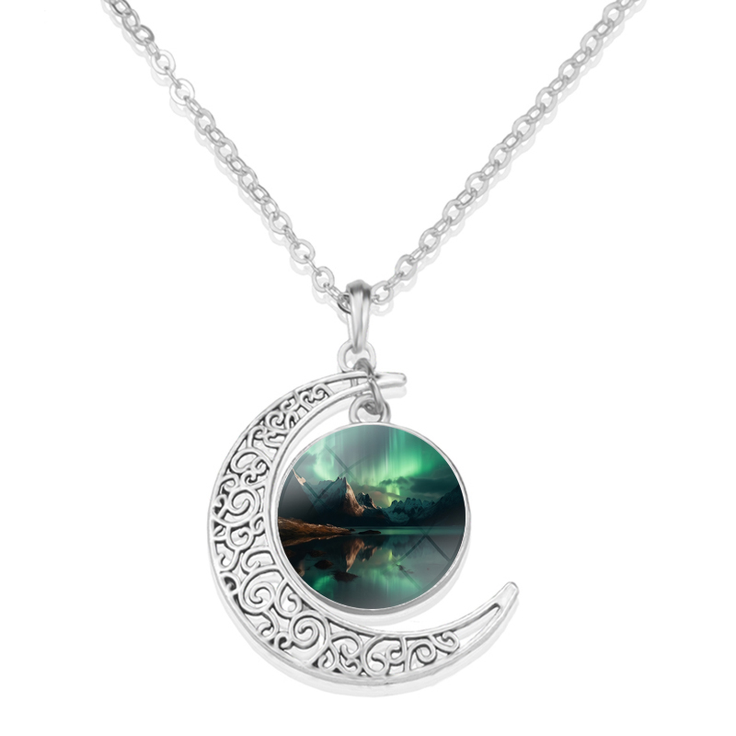 Unique Aurora Borealis Crescent Necklace - Northern Light Jewelry - Crescent Glass Cabochon Pendent Necklace - Perfect Aurora Lovers Gift 8