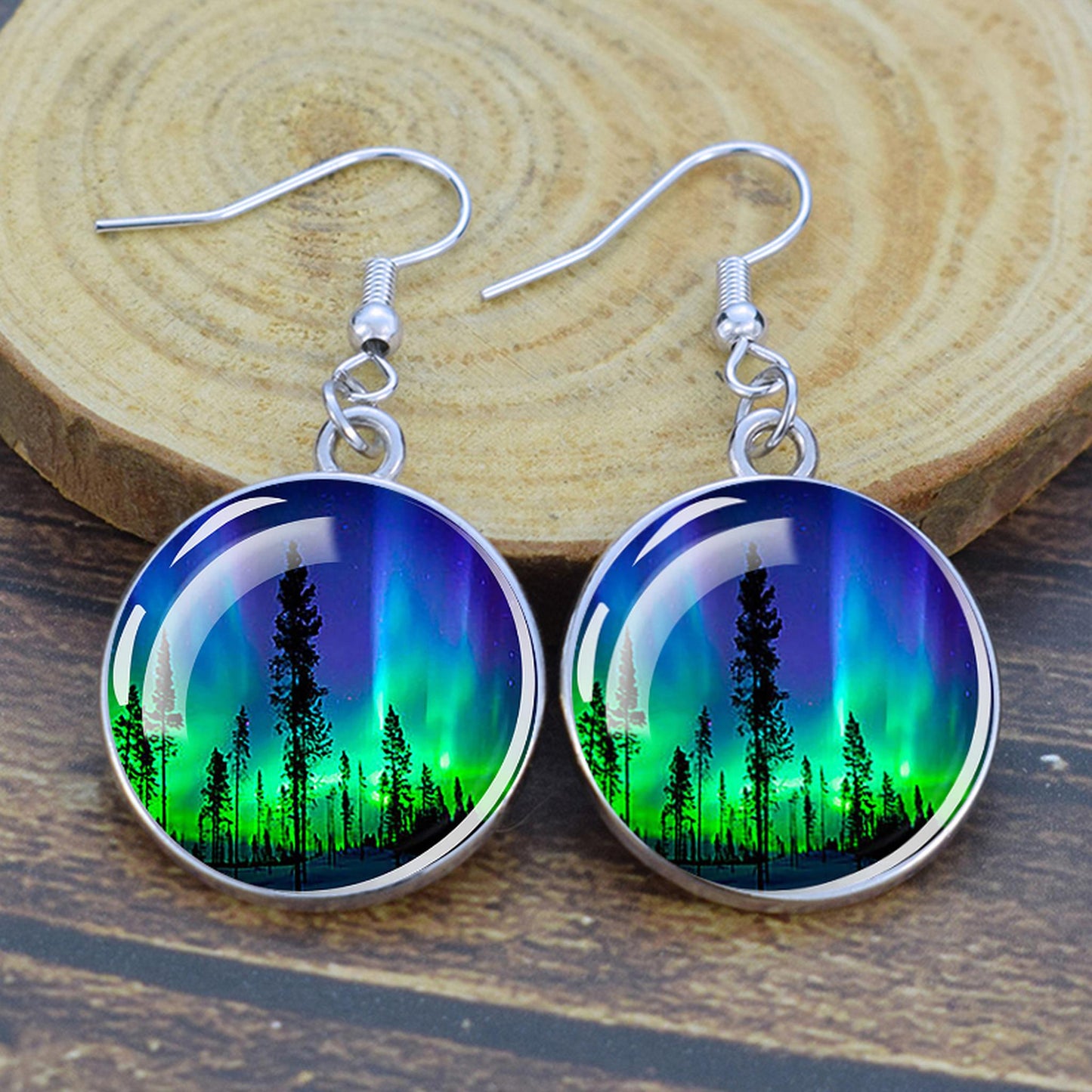 Gaismas Aurora Borealis Drop Auskari - Ziemeļblāzmas rotaslietas - Unikāli stikla Cabochon Dangle Auskari - Perfekta Aurora Lovers dāvana