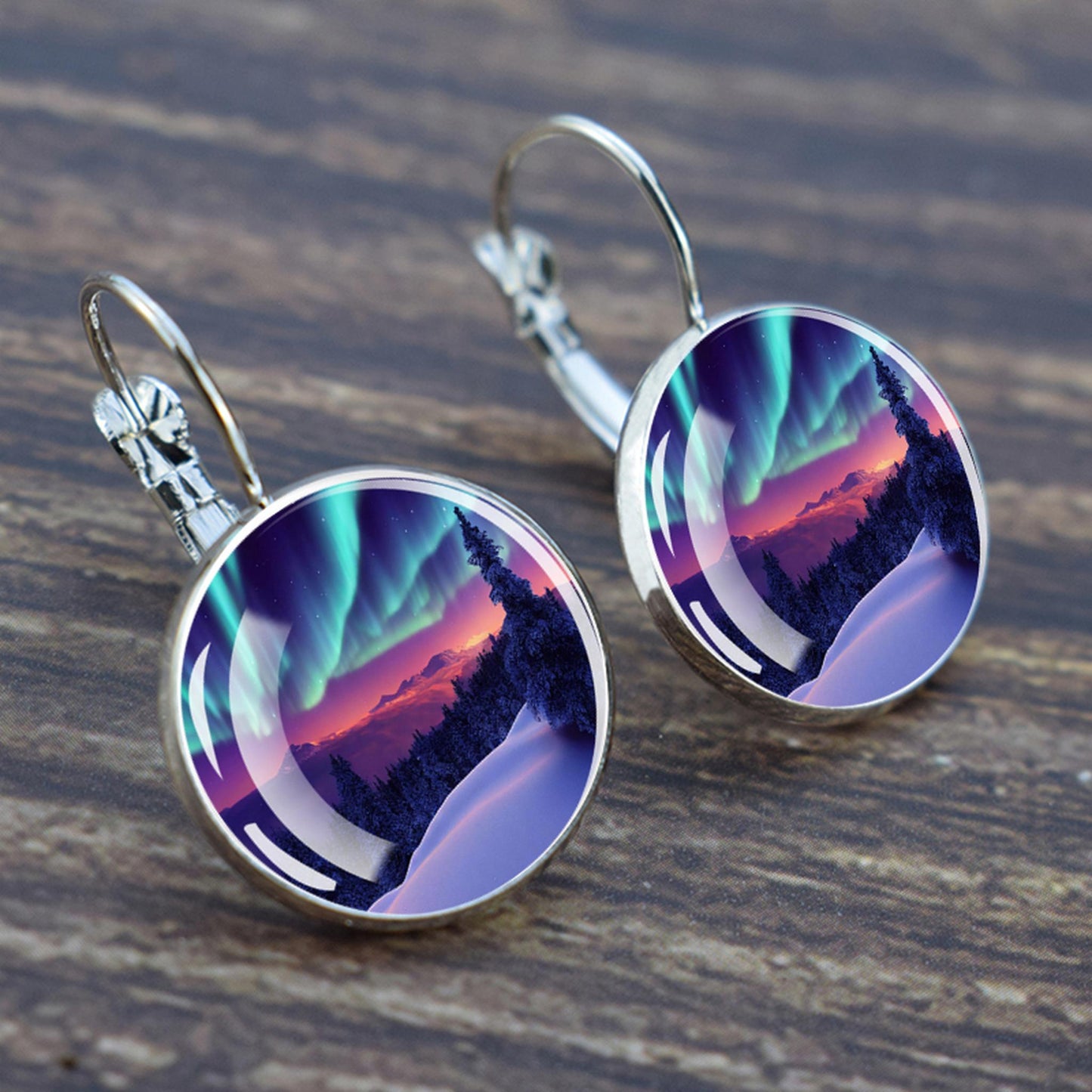 Luminous Aurora Borealis Hook Earrings - Northern Lights Jewelry - Unique Glass Cabochon Drop Earrings - Perfect Aurora Lovers Gift