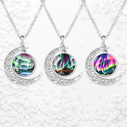 Luminous Aurora Borealis Crescent Necklace- Northern Light Jewelry - Unique Crescent Glass Cabochon Pendent Necklace - Perfect Aurora Lovers Gift