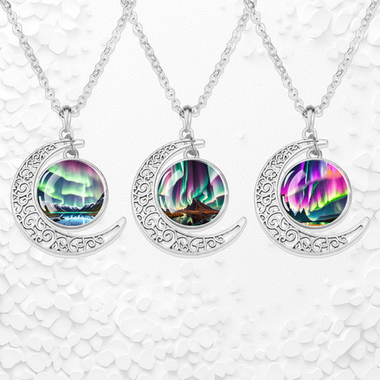 Luminous Aurora Borealis Crescent Necklace- Northern Light Jewelry - Unique Crescent Glass Cabochon Pendent Necklace - Perfect Aurora Lovers Gift