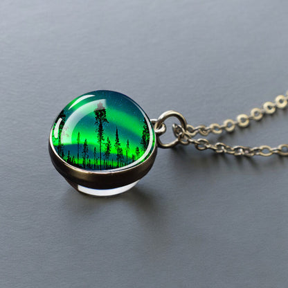 Luminous Aurora Borealis Silver Necklace- Northern Light Jewelry - Unique Double Side Glass Ball Pendent Necklace - Perfect Aurora Lovers Gift