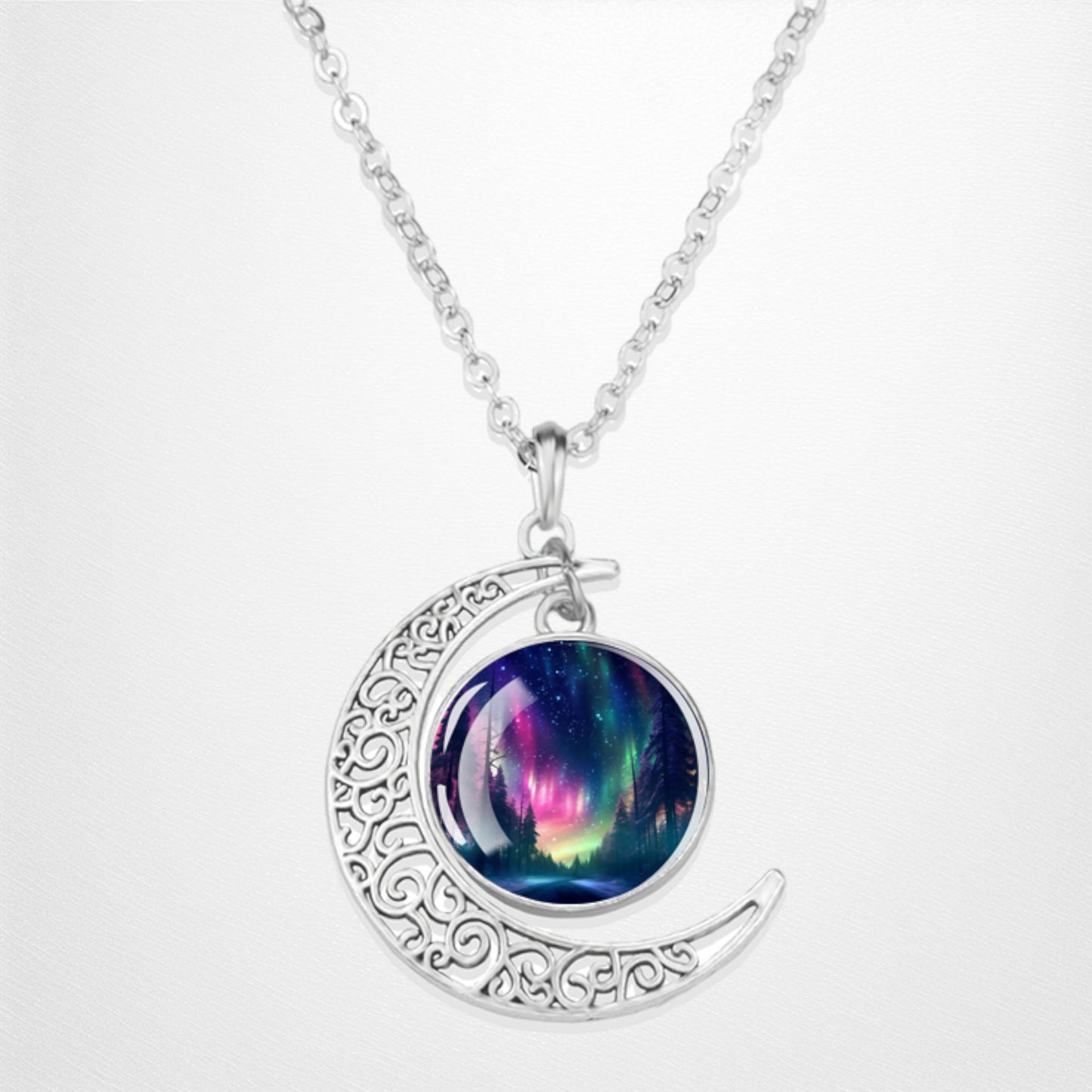 Luminous Aurora Borealis Crescent Necklace- Northern Light Jewelry - Unique Crescent Glass Cabochon Pendent Necklace - Perfect Aurora Lovers Gift