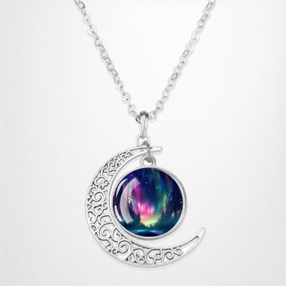 Luminous Aurora Borealis Crescent Necklace- Northern Light Jewelry - Unique Crescent Glass Cabochon Pendent Necklace - Perfect Aurora Lovers Gift