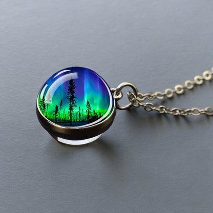 Luminous Aurora Borealis Silver Necklace- Northern Light Jewelry - Unique Double Side Glass Ball Pendent Necklace - Perfect Aurora Lovers Gift