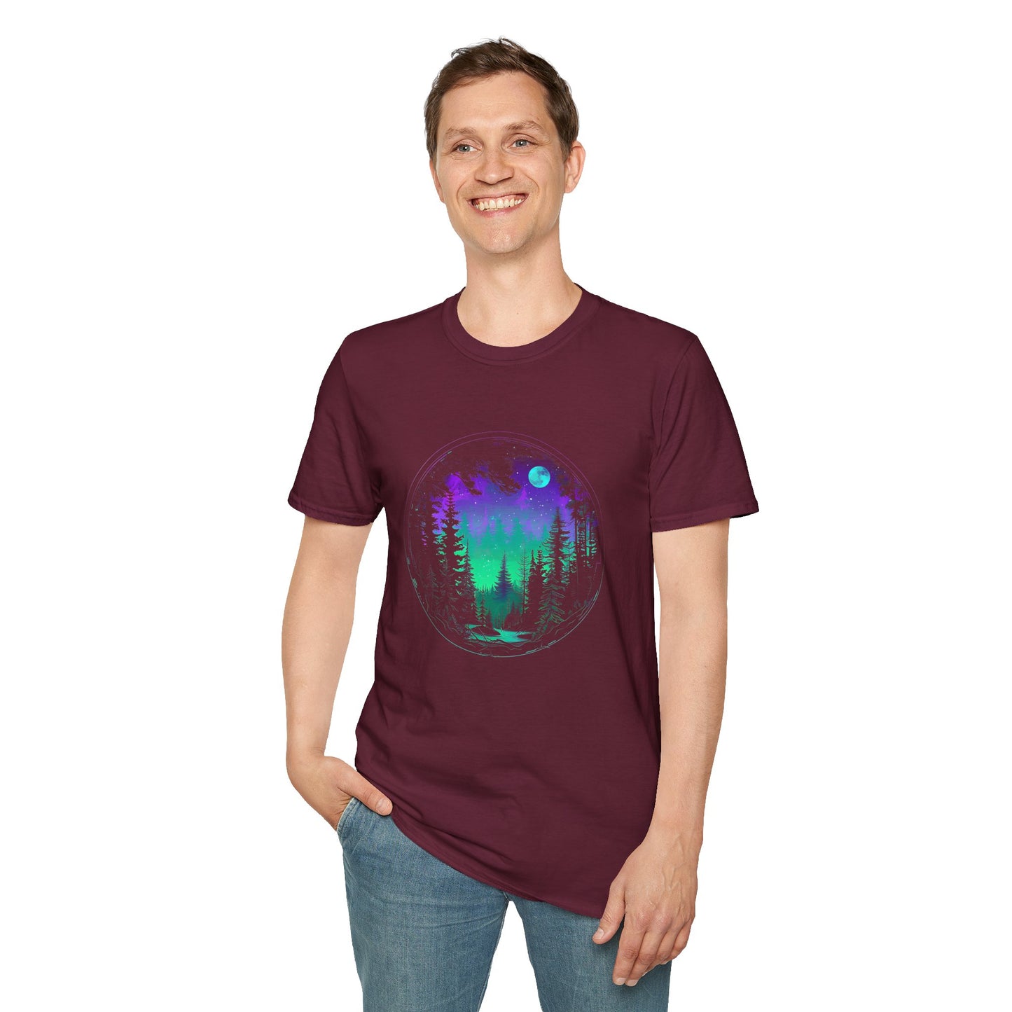 Aurora Borealis Unisex Softstyle T-Shirt - Gildan 64000 - Northern Lights Arctic Magical Night Starry Sky Moon Forest River Nature Adventure - Autumn Fall T-shirt - Aurora Gift