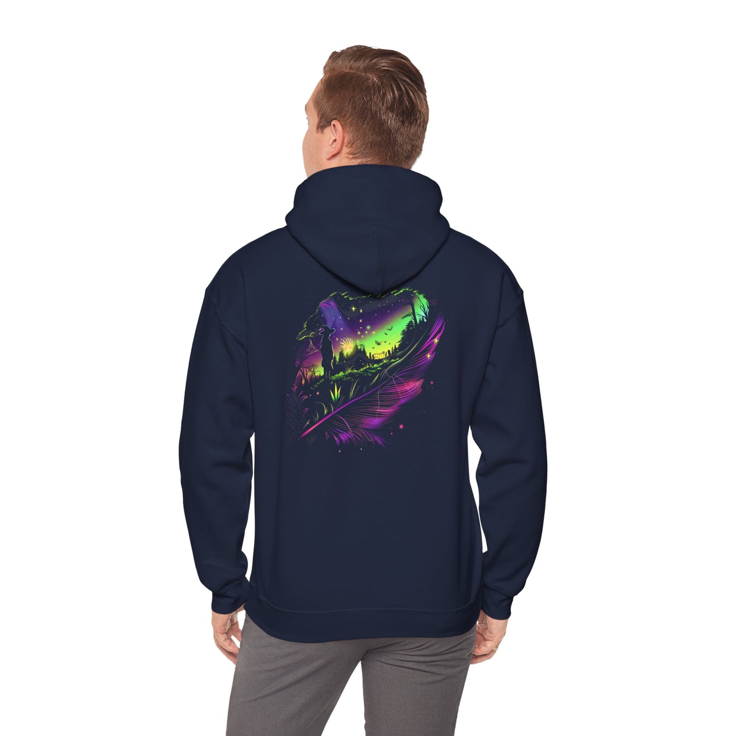 Aurora Borealis Unisex Heavy Blend™ Hooded Sweatshirt (Back design) - Northern Lights Arctic Feather Character Magical Night Starry Sky Field Tree Nature Adventure - Autumn Fall T-shirt - Aurora Gift