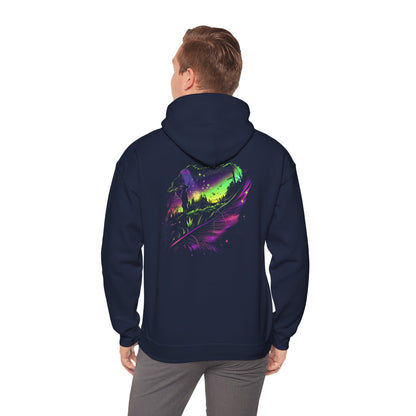 Aurora Borealis Unisex Heavy Blend™ Hooded Sweatshirt (Back design) - Northern Lights Arctic Feather Character Magical Night Starry Sky Field Tree Nature Adventure - Autumn Fall T-shirt - Aurora Gift