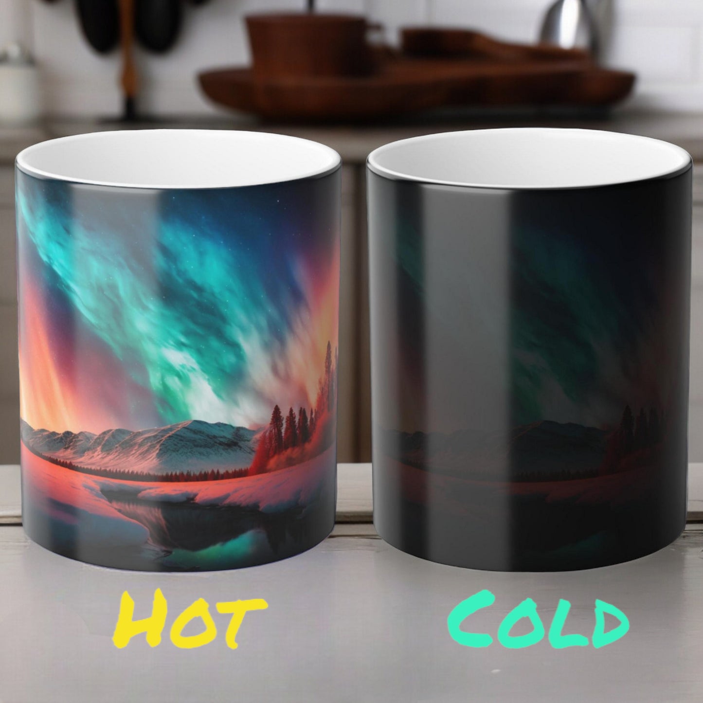 Fortryllende Aurora Borealis varmefølsomt krus - Northern Lights Magic Color Morphing-krus 11 oz - Heat Reactive Night Sky Coffee Cup - Perfekt gave til naturelskere