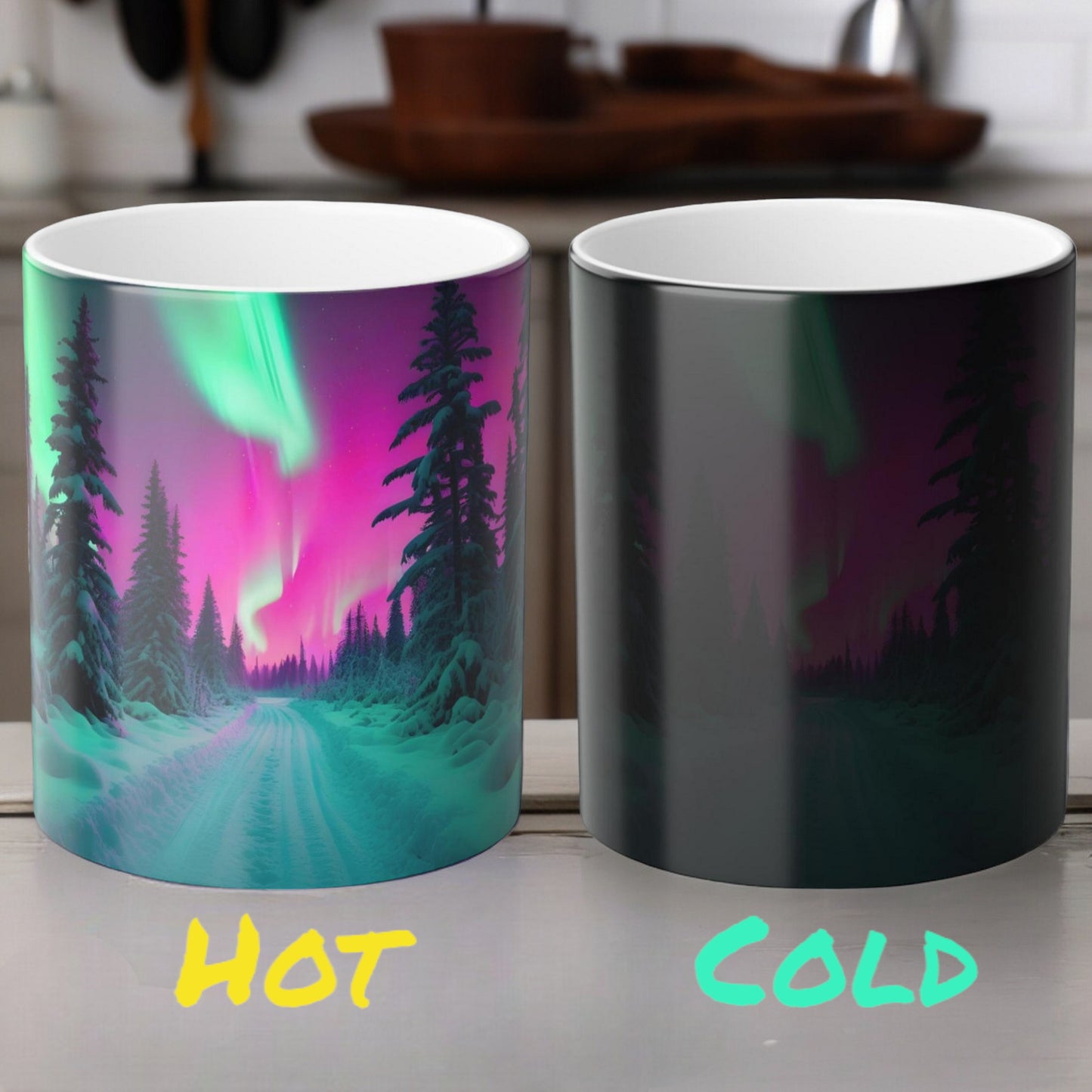 Lumoava Aurora Borealis Heat Sensitive Muki - Northern Lights Magic Color Morphing Muki 11 unssia - Heat Reactive Night Sky Coffee Cup - Täydellinen lahja luonnon ystäville