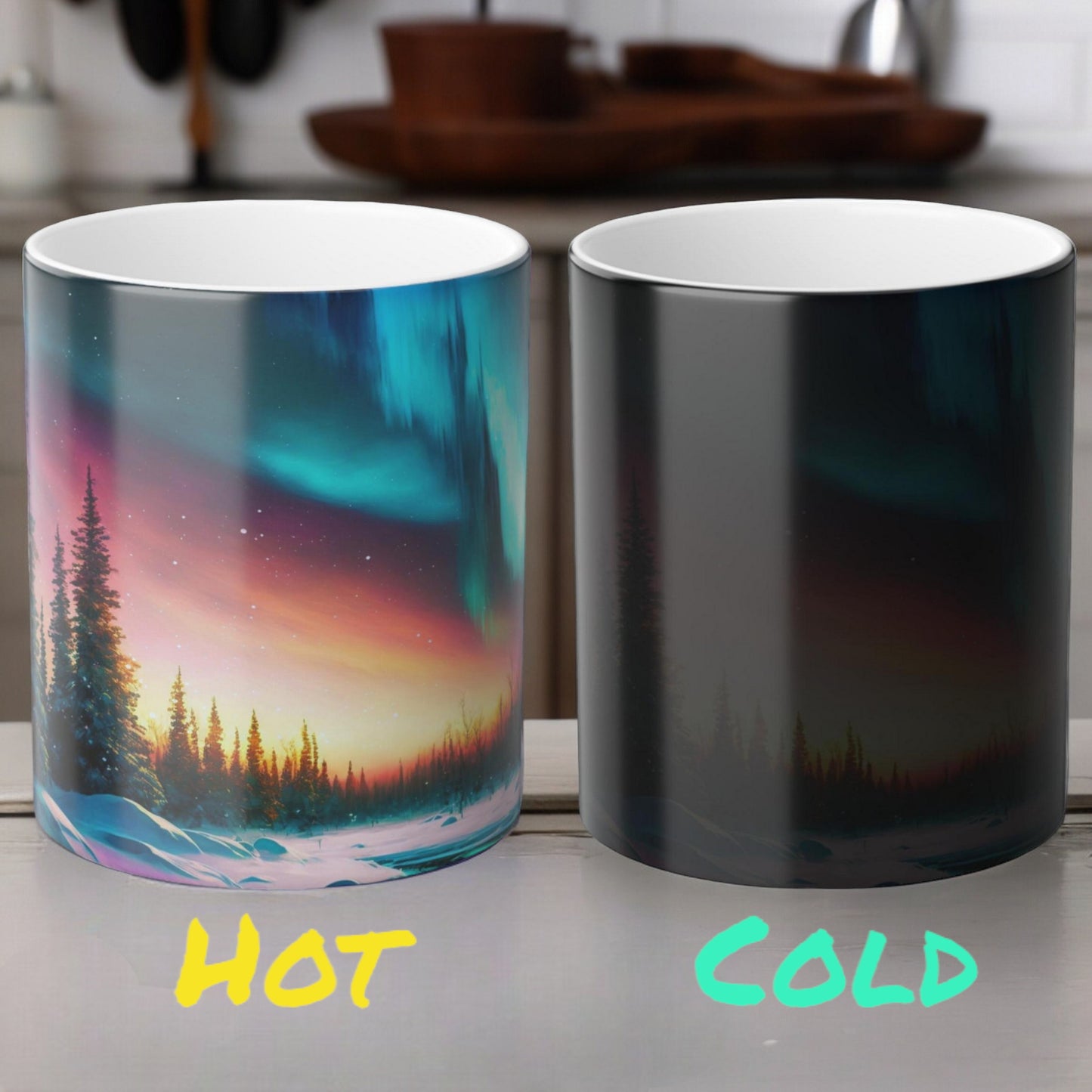 Fortryllende Aurora Borealis varmefølsomt krus - Northern Lights Magic Color Morphing-krus 11 oz - Heat Reactive Night Sky Coffee Cup - Perfekt gave til naturelskere