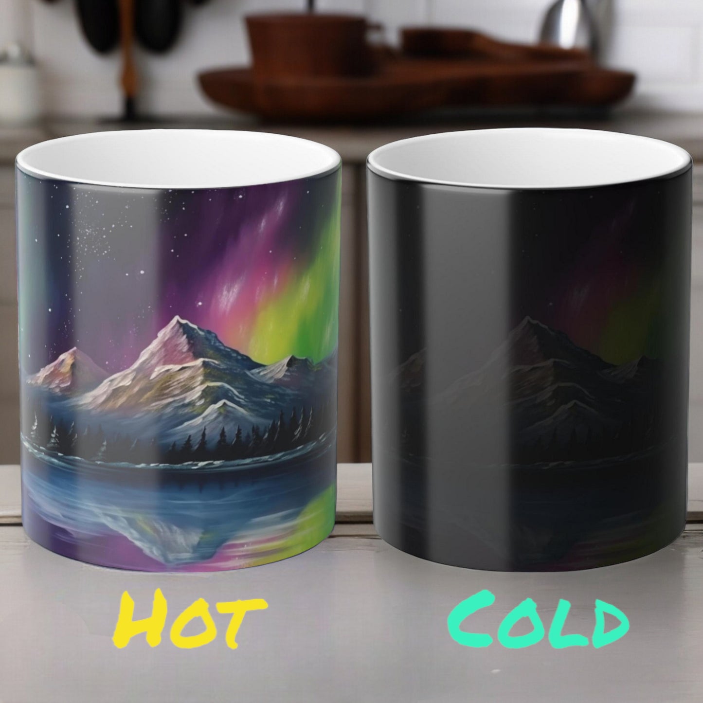 Fortryllende Aurora Borealis varmefølsomt krus - Northern Lights Magic Color Morphing-krus 11 oz - Heat Reactive Night Sky Coffee Cup - Perfekt gave til naturelskere