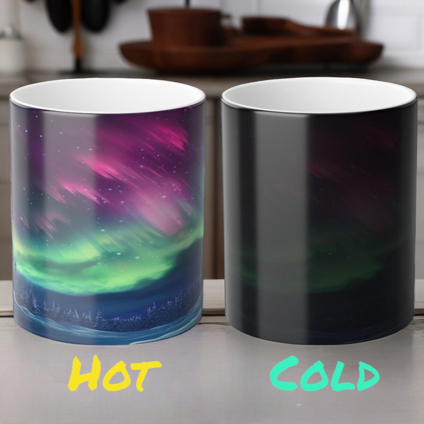 Töfrandi Aurora Borealis hitanæm mál - Northern Lights Magic Color Morphing Mug 11oz - Heat Reactive Night Sky Kaffibolli - Fullkomin gjöf fyrir náttúruunnendur