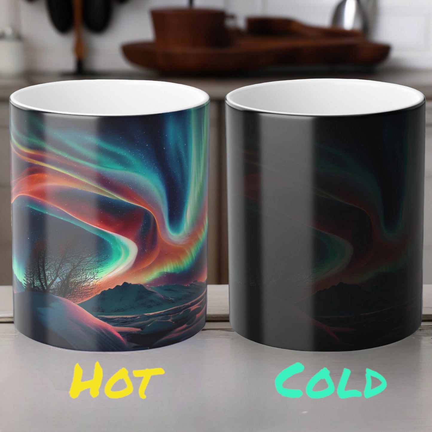 Töfrandi Aurora Borealis hitanæm mál - Northern Lights Magic Color Morphing Mug 11oz - Heat Reactive Night Sky Kaffibolli - Fullkomin gjöf fyrir náttúruunnendur