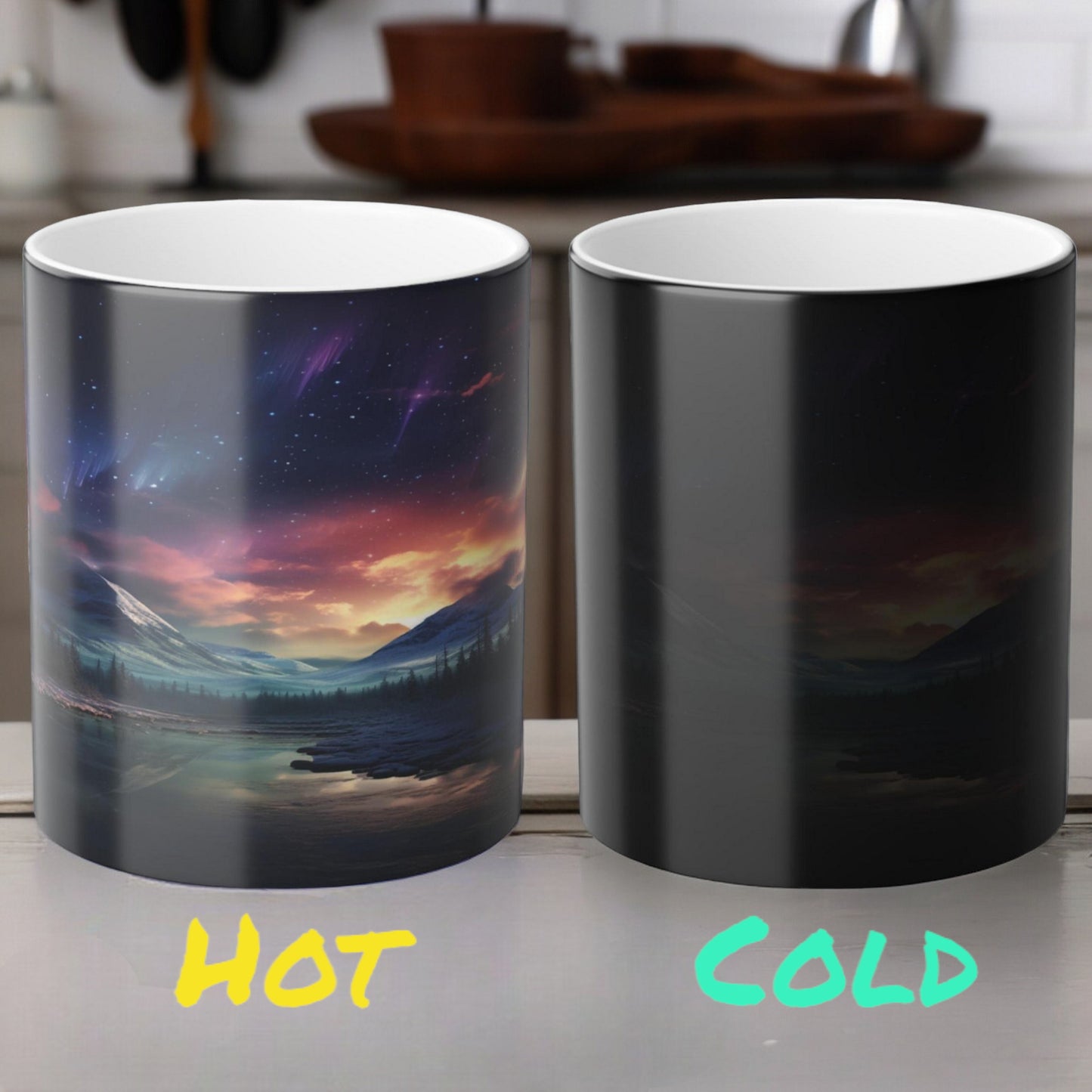 Bezaubernde wärmeempfindliche Tasse „Aurora Borealis“ – Tasse mit magischer Farbveränderung der Nordlichter, 325 ml – hitzereaktive Nachthimmel-Kaffeetasse – perfektes Geschenk für Naturliebhaber