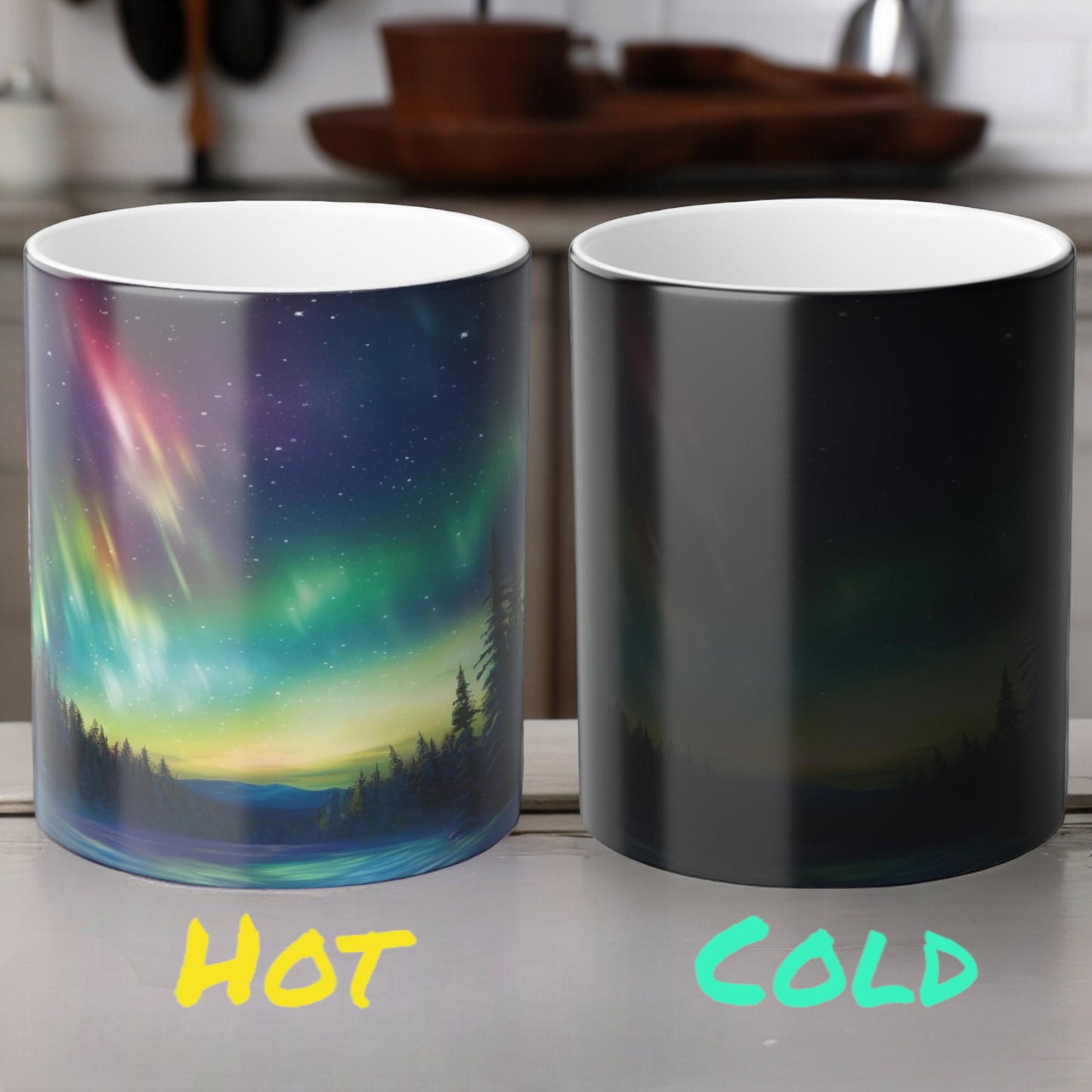 Töfrandi Aurora Borealis hitanæm mál - Northern Lights Magic Color Morphing Mug 11oz - Heat Reactive Night Sky Kaffibolli - Fullkomin gjöf fyrir náttúruunnendur