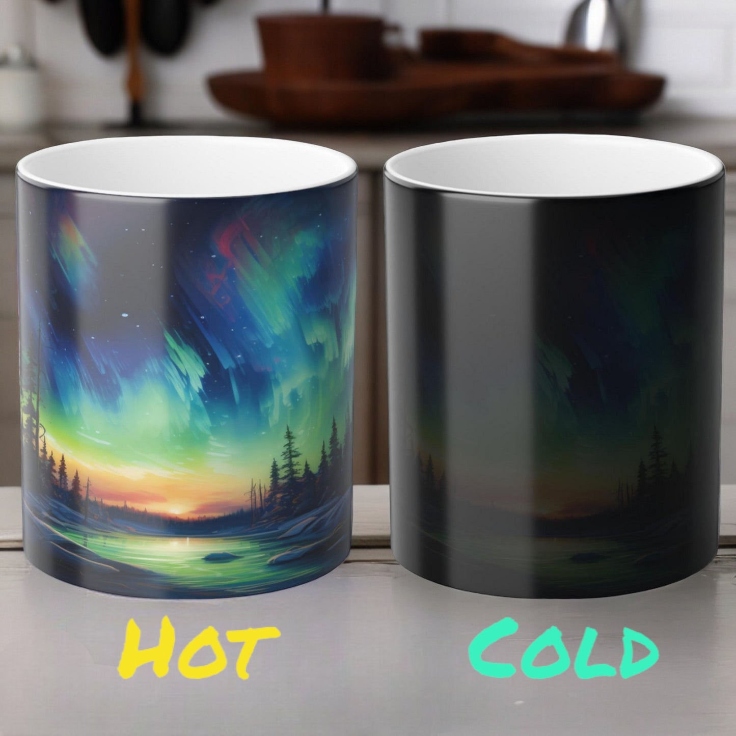 Bezaubernde wärmeempfindliche Tasse „Aurora Borealis“ – Tasse mit magischer Farbveränderung der Nordlichter, 325 ml – hitzereaktive Nachthimmel-Kaffeetasse – perfektes Geschenk für Naturliebhaber