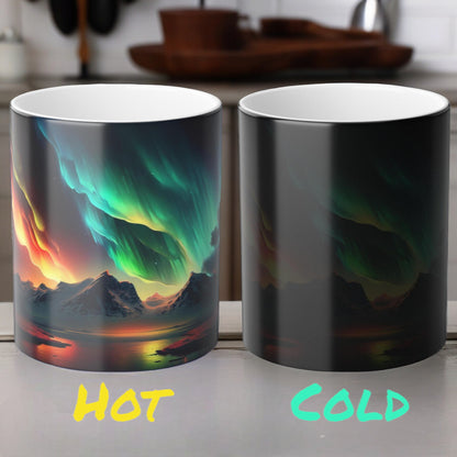 Fortryllende Aurora Borealis varmefølsomt krus - Northern Lights Magic Color Morphing-krus 11 oz - Heat Reactive Night Sky Coffee Cup - Perfekt gave til naturelskere