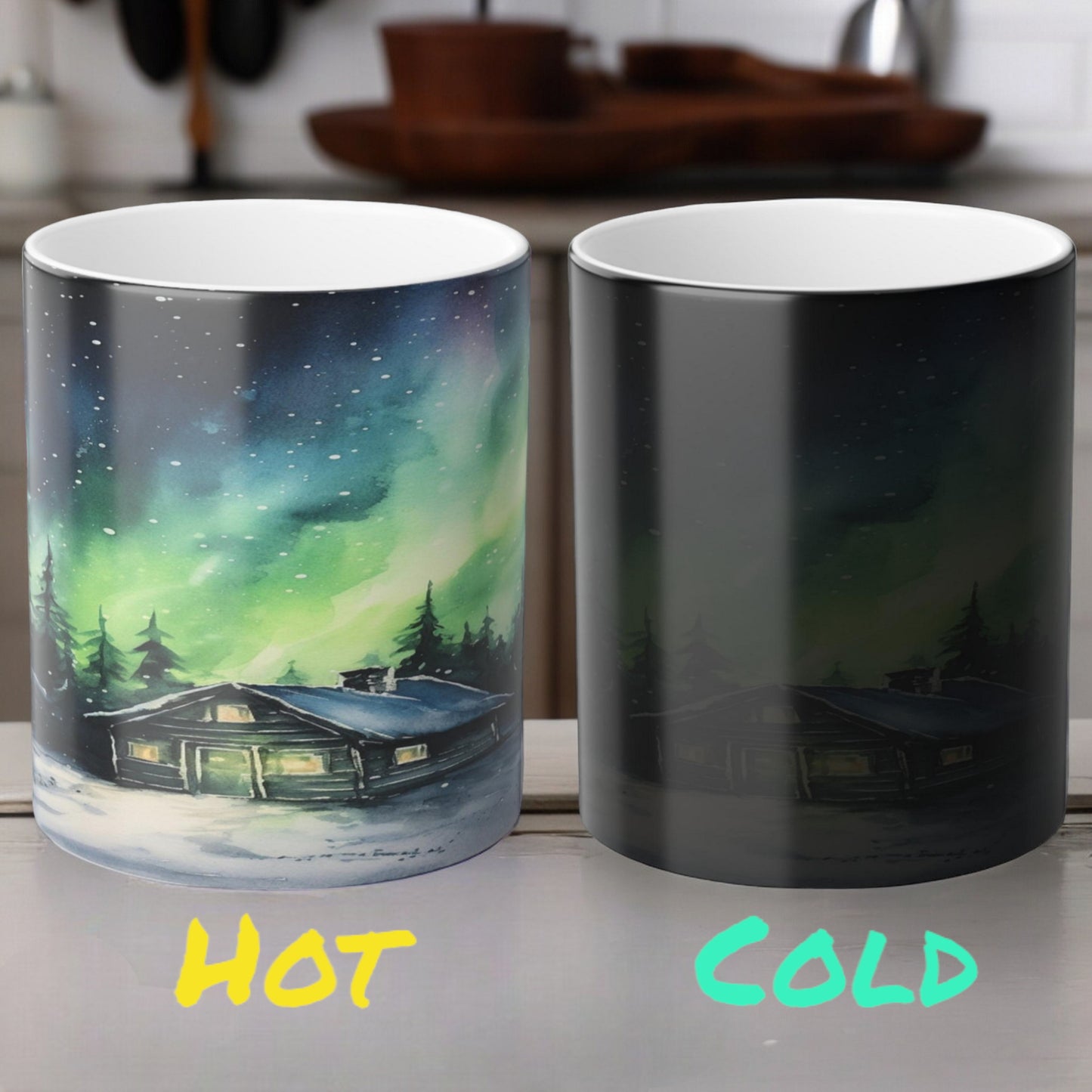 Lumoava Aurora Borealis Heat Sensitive Muki - Northern Lights Magic Color Morphing Muki 11 unssia - Heat Reactive Night Sky Coffee Cup - Täydellinen lahja luonnon ystäville