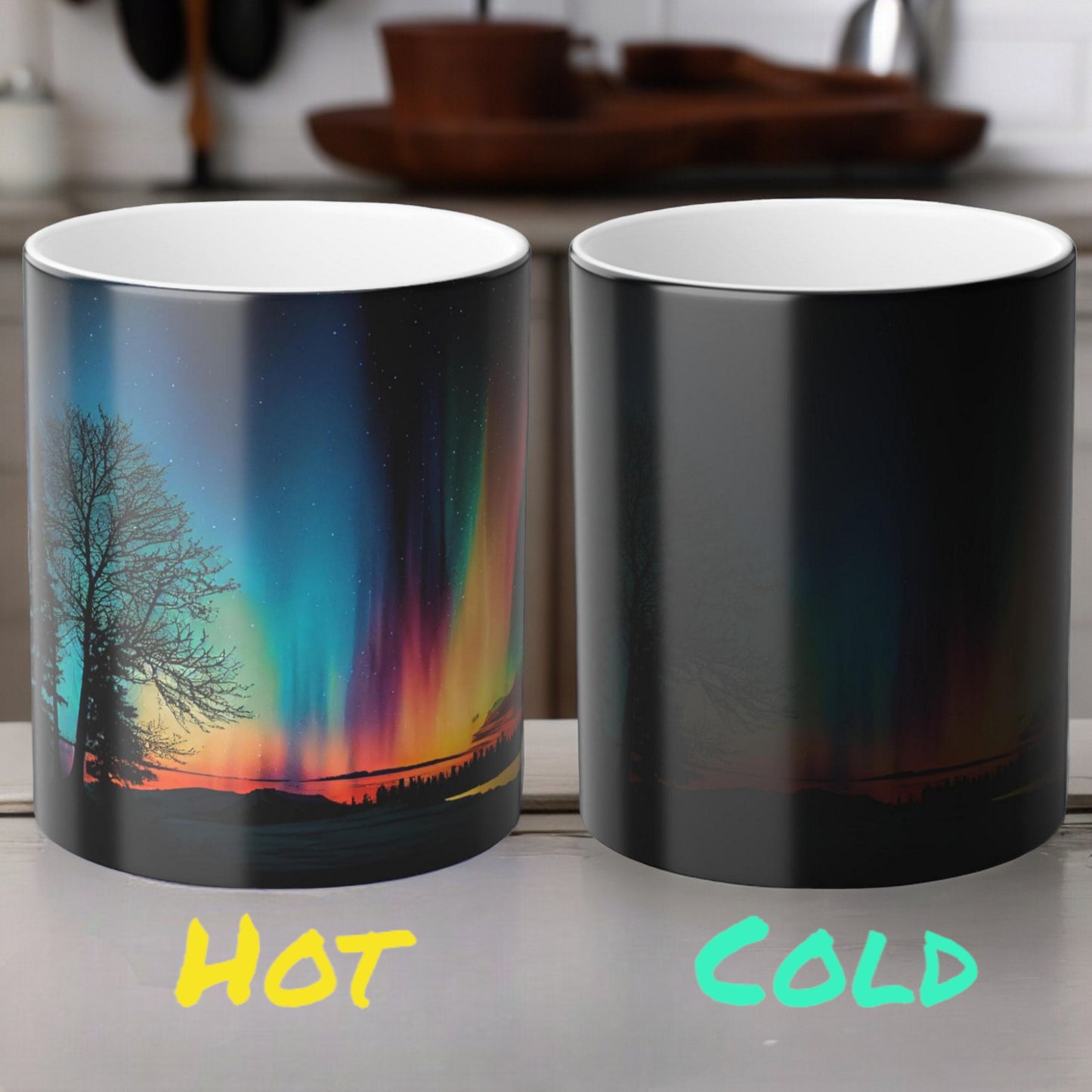 Töfrandi Aurora Borealis hitanæm mál - Northern Lights Magic Color Morphing Mug 11oz - Heat Reactive Night Sky Kaffibolli - Fullkomin gjöf fyrir náttúruunnendur