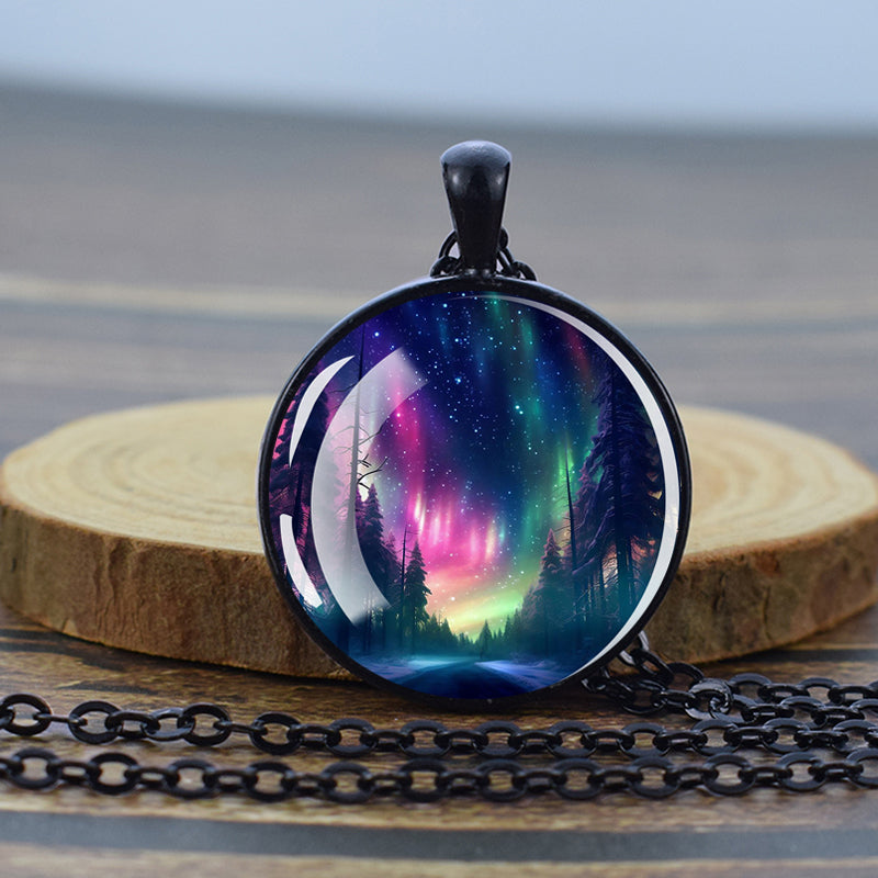 Luminous Aurora Borealis Black Necklace - Northern Light Jewelry - Unique Glass Dome Pendent Necklace - Perfect Aurora Lovers Gift