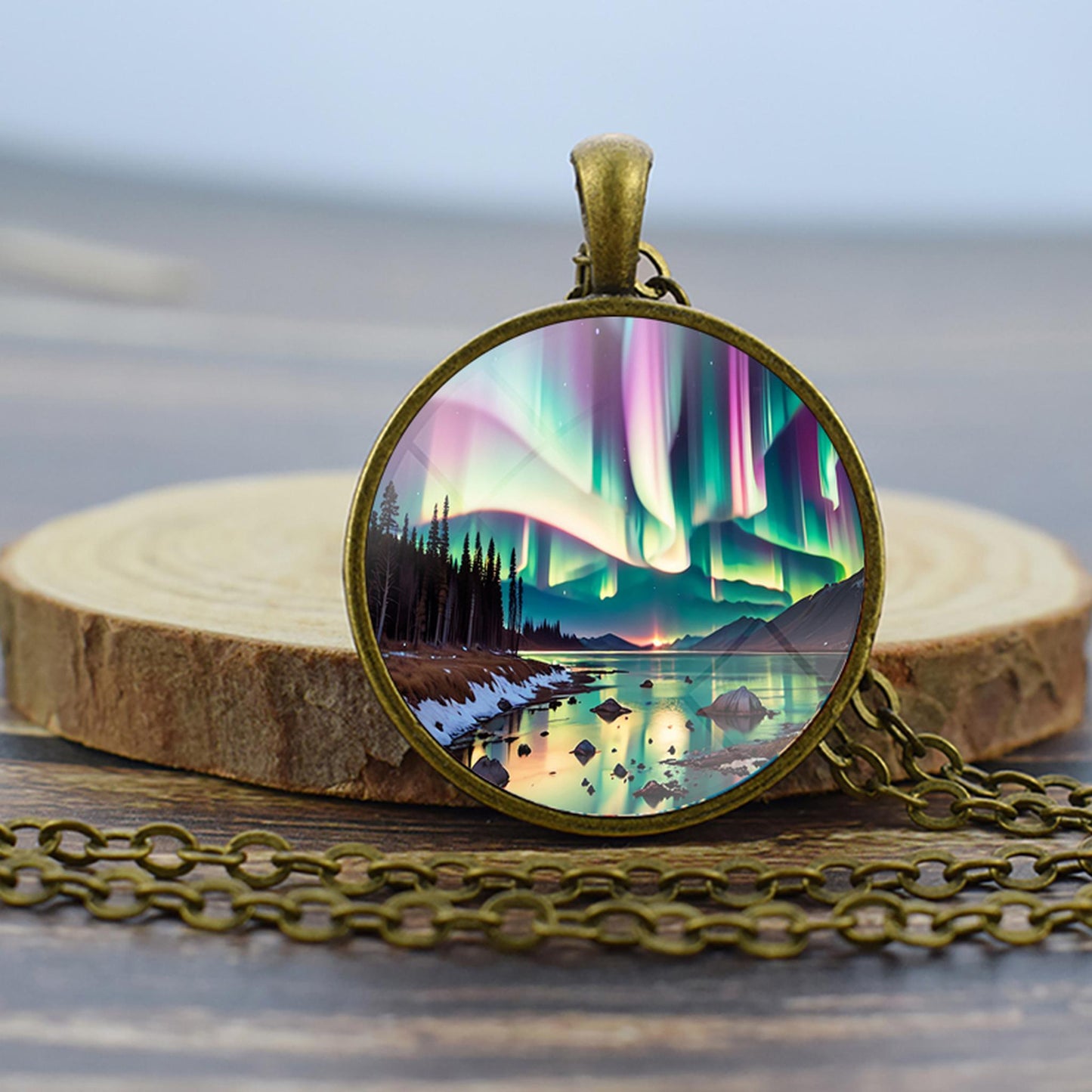 Luminous Aurora Borealis Bronze Necklace - Northern Light Jewelry - Unique Glass Dome Pendent Necklace - Perfect Aurora Lovers Gift